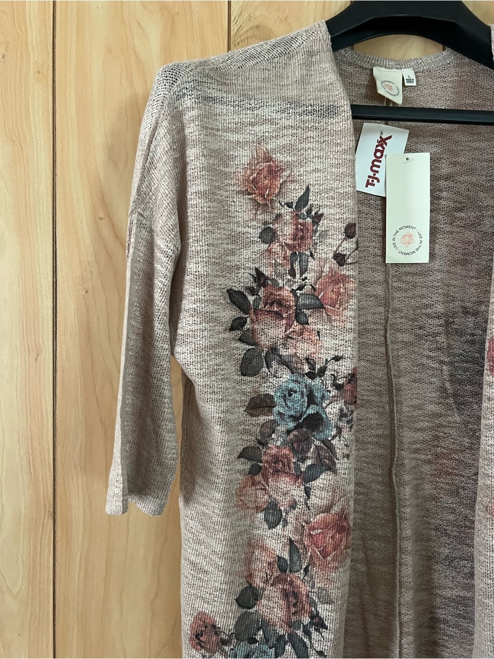Live In The Moment Floral Knit Cardigan L NWT TJ Maxx Boho Open Front Pink Gray - Picture 6 of 8
